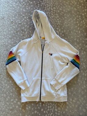 Aviator Nation White Zip-Up Hoodie with Rainbow Sleeve Stripes